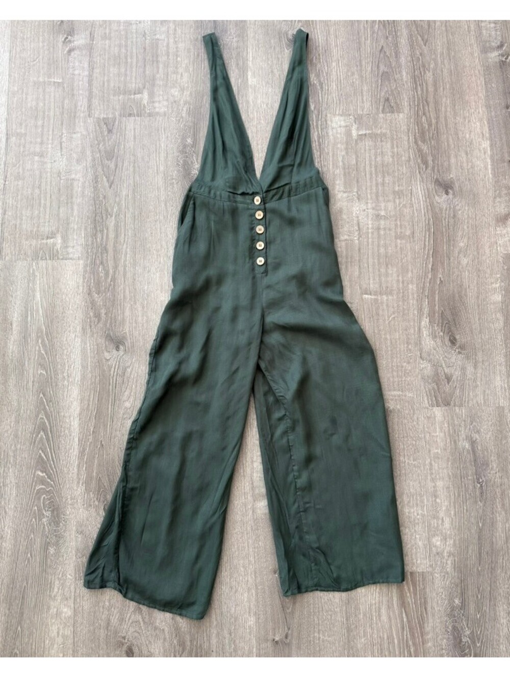 Olive Green Button-Front Wide Leg Jumpsuit with Deep V-Neck, Sz L